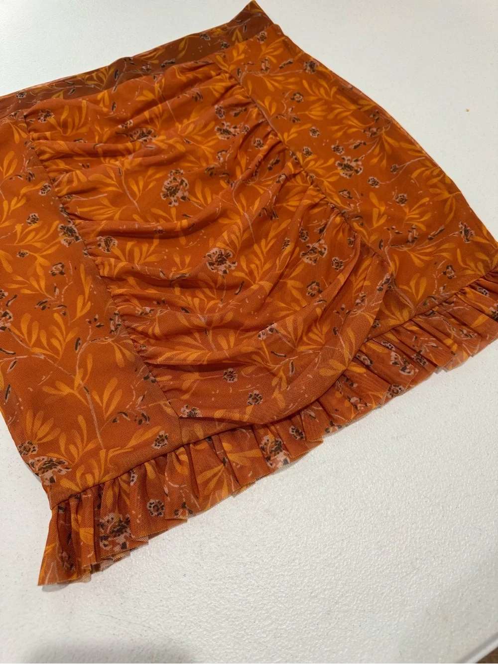 Free People Romi Mesh Ruffle Mini Skirt Orange Floral Ruched Size S